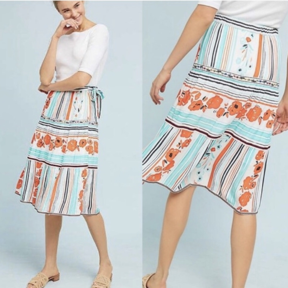 Anthropologie One September Frida Coral & Aqua Midi Skirt